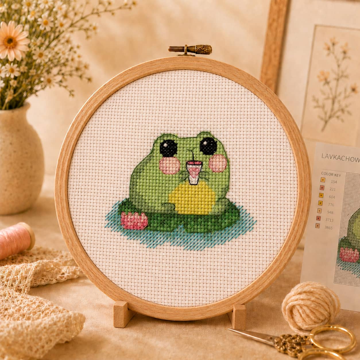 Cute little frog finished cross-stitch embroidery in a wooden hoop