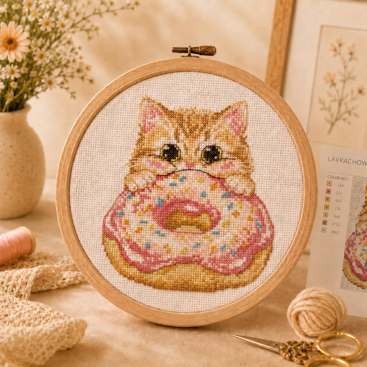 Kitten holding a pink donut finished cross-stitch embroidery in a wooden hoop
