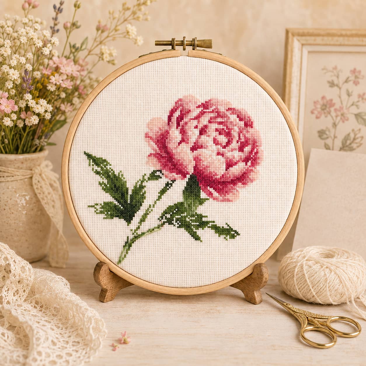 Pink peony flower finished cross-stitch embroidery in a wooden hoop
