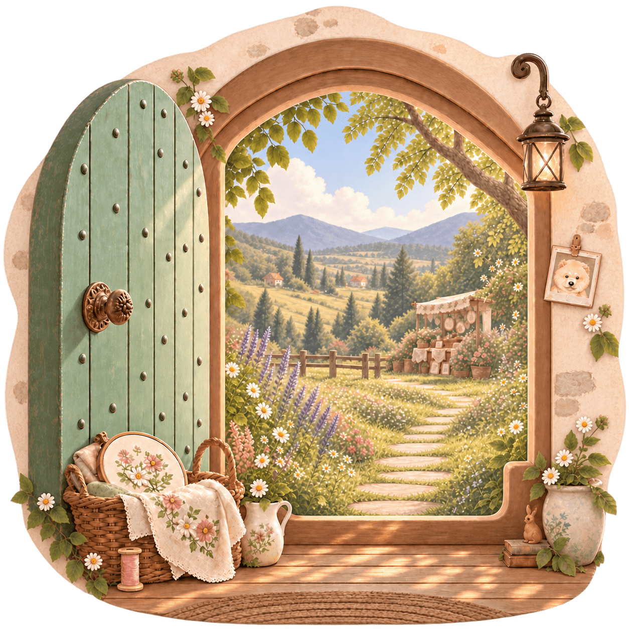 A round doorway into the peaceful illustrated world of Lavka Chow, surrounded by embroidery and handmade craft details